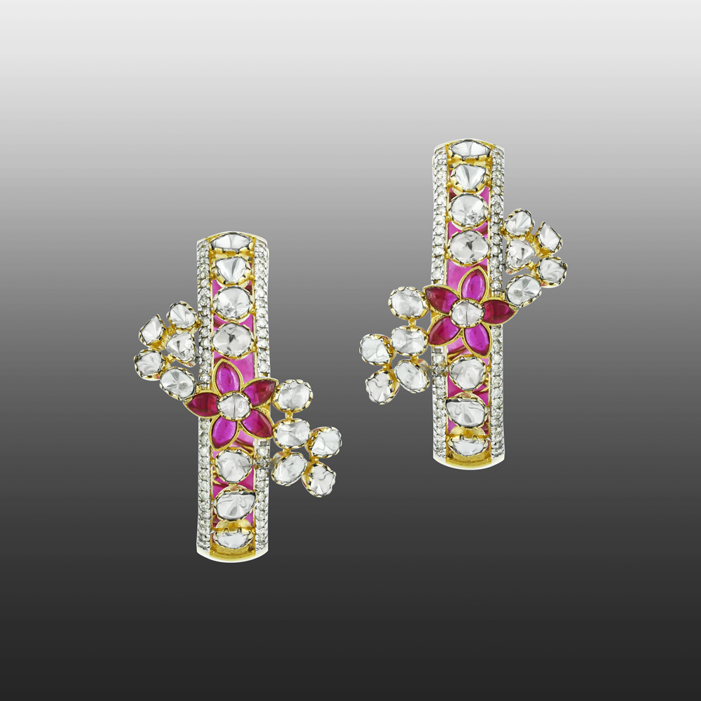 Polki Hoop Earrings with Pink Talaf and Diamonds